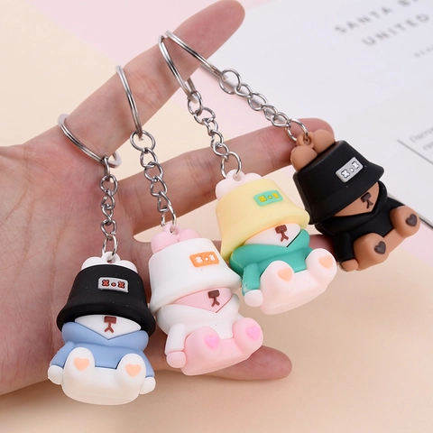 Lindo Dibujo Animado Animal Oso Conejo Llavero PVC Pendiente Sombrero Pescador Sudadera Con Capucha Anillo Metal Bolso