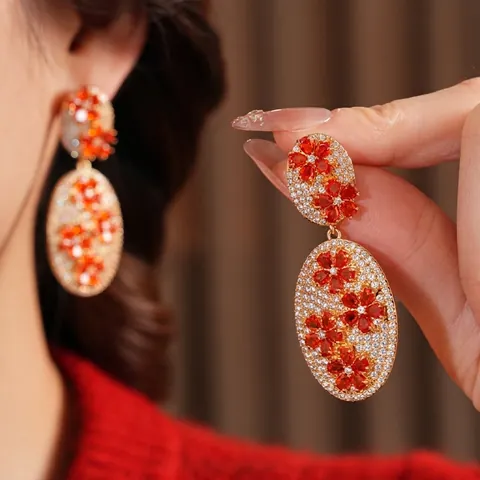 Vintage Floral Oval Drop Earrings With Silver Earring Post Copper Zircon Red Flower Retro Luxury Jewelry Gold Plated