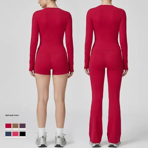 Ropa De Yoga Para Mujer De Nylon Y Spandex Top De Manga Larga Y Leggings O Pantalones Acampanados Slim Fit Fitness