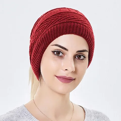 Πλεκτή Σκούφια Beanie Για Αλογοουρά Ακρυλική Με Φλις Επένδυση Ζεστή Χειμερινή Αντιανεμική Για Γυναίκες