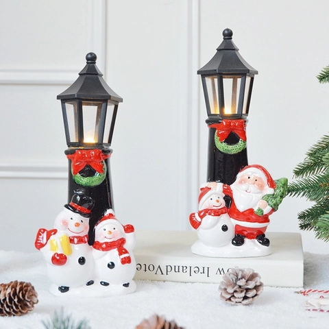 Christmas LED Decorative Lamp Ornament Santa Claus Snowman Figurine Resin Ceramic Vintage Street Light Desktop Decor Holiday Gift
