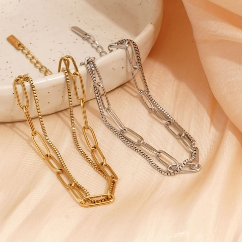 Double Layer Bracelet Stainless Steel Paperclip And Box Chain Waterproof Hypoallergenic Minimalist Trendy Aesthetic Jewelry