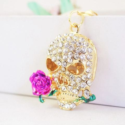 Schädel Schlüsselanhänger Mit Strass Und Rose Emaille Zinklegierung Gothic Taschenanhänger Metall Schlüsselring Charm