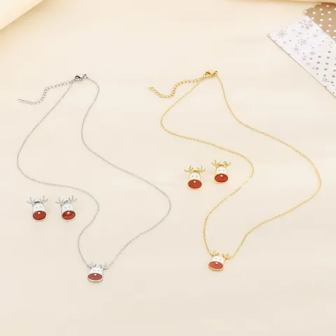 Collar Y Pendientes De Reno Alce Acero Inoxidable Esmalte Navidad Vacaciones Moda Joyas Mujeres
