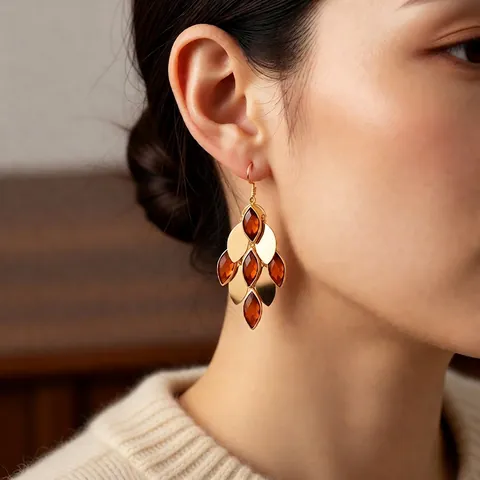 Vintage Dangle Earrings 18K Gold Plated Copper Leaf Waterdrop Layered Glass Pendant Jewelry For Women Bohemian