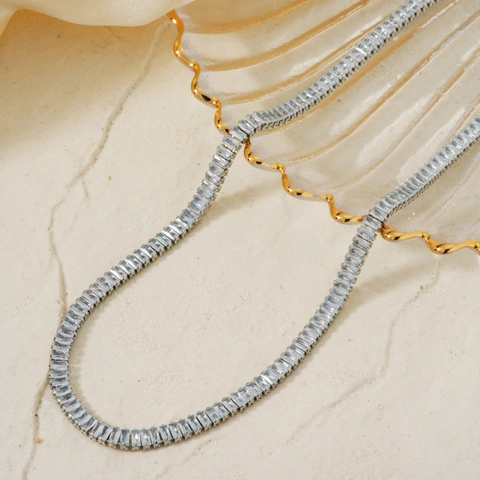 Einfache Elegante Edelstahl Quadratische Strass Halskette Baguette Tennis Kette Schlüsselbeinkette Choker Für Damen Schmuck