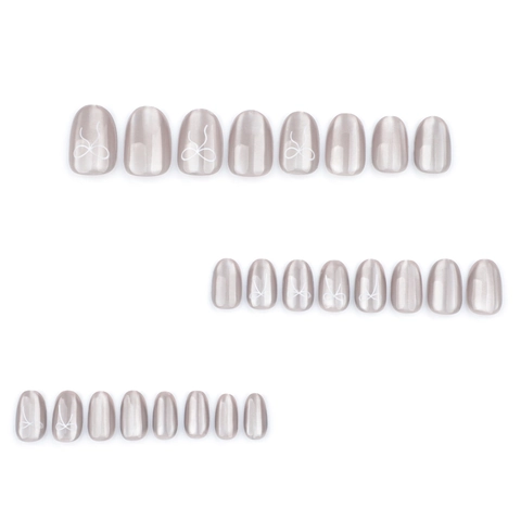 Unghie Finte Occhio Di Gatto Corte Tonde Grigio Argento Perla Artificialte Motivo A Fiocco Manicure Elegante