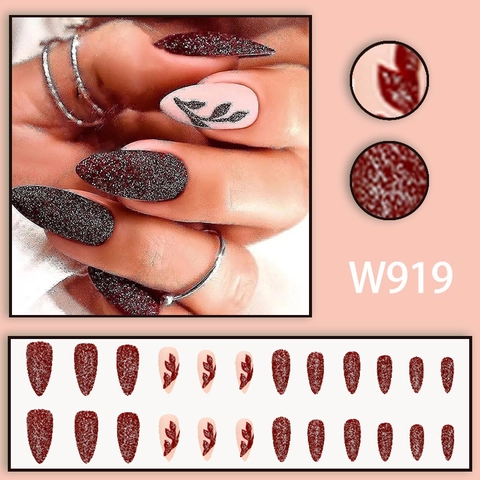 Faux Ongles À Presser Rouge Vin Mat Pailleté Forme Amande Base Rose Motif Feuille Élégant Ongles Artificiels