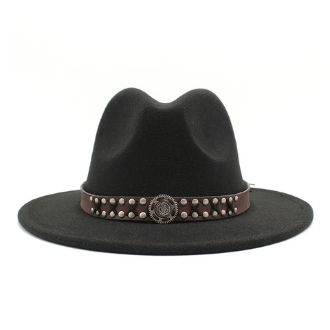 Vintage Fedora Hat Wide Brim Cotton Polyester Felt With Riveted Leather Band And Metal Medallion For Men Women