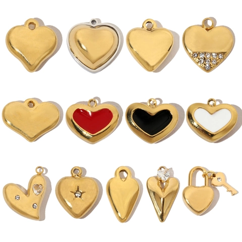 Heart Pendants DIY Jewelry Making Accessories Stainless Steel French Vintage Enamel Rhinestone Heart Lock Key For Women