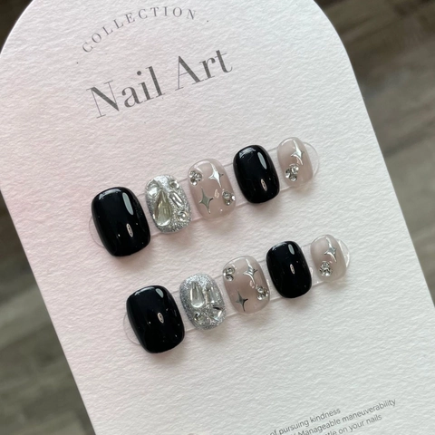 Handmade Press On Nails Transparent Black Smudge Star Rhinestone Sweet Artificial Fake Nails For Women