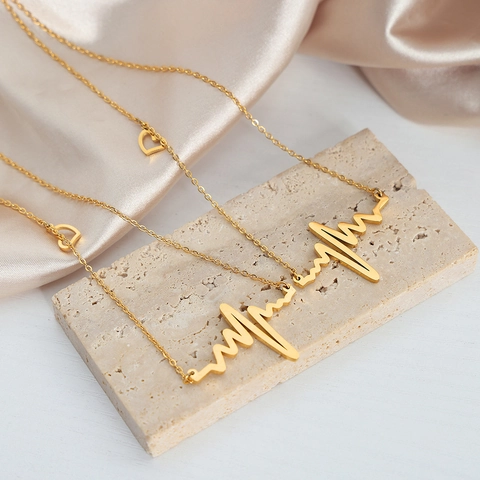 Collana EKG Battito Cardiaco Per Donna In Acciaio Al Titanio Placcato Oro Ciondolo A Onda Di Frequenza Cardiaca Gioielli Di Moda