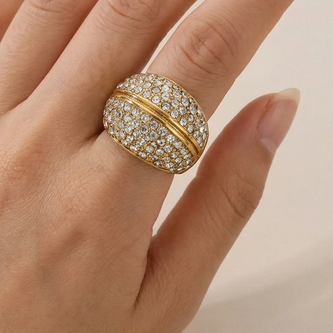 Dome Ring Stainless Steel Full Rhinestone Inlaid 18K Gold Plated Vintage Luxury Fashion Jewelry For Women