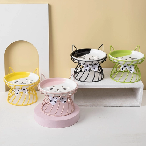 Elevated Ceramic Cat Bowl With Cat Ear Metal Stand Neck Protection Raised Feeding Dish For Small Pets Cute Porcelain