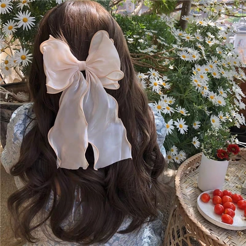 Oversized Bow Hair Clip Iridescent Organza Shimmering Long Streamers Ruffle Edge Fairy Sweet Hair Accessory For Women