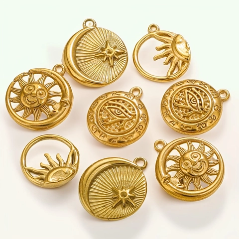 Vintage Stainless Steel Necklace Sun Moon Star Eye Of Horus Pendant 18K Gold Plated Round Charm Jewelry For Women