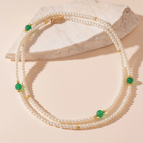 Collana Lunga Künstliche Perle Per Donna Agata Verde Artificiale Perline Strati Catena Maglione Elegante Vintage Chiusura Rame