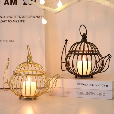 Teapot Shape Metal Iron Candle Holder Hollow Birdcage Design Nordic Style Retro Tabletop Decorative Centerpiece Living Room