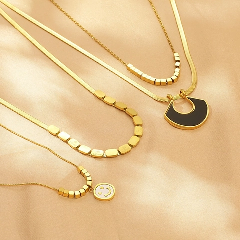 Fashion Double Layer Necklace For Women Stainless Steel Black Geometric Pendant Square Beads Snake Chain Minimalist Jewelry