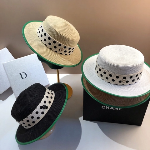 Damen Stilvoller Strohhut Boater Französische Eleganz Flache Krone Fedora Mit Punktmuster Band Und Kontrastgrüner Kante Sommer Strand Sonnenhut