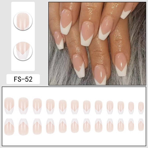 Uñas Postizas Press On Forma En V Francés Estilo Bailarina Ataúd Rosa Nude Y Puntas Blancas Para Mujeres