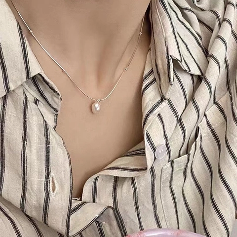 Collar Con Colgante De Perla Barroca Artificial Irregular Cadena De Serpiente Plateada Con Cuentas Joyería De Clavícula Para Mujer