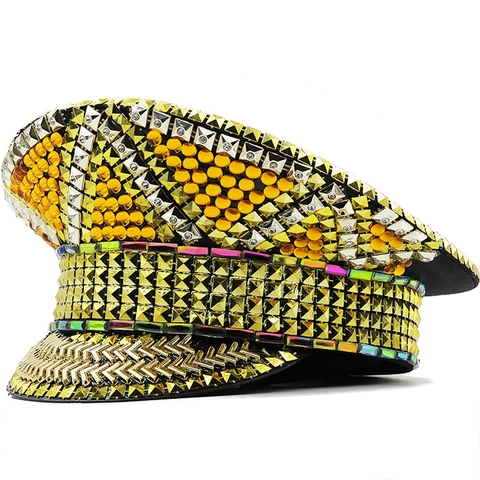 Gorra Militar De Capitán Con Diamantes De Imitación Y Cadena De Metal Dorado Accesorios De Disfraces Para Fiestas Rave