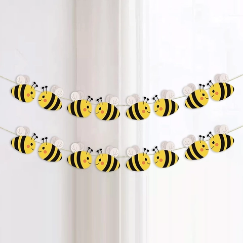 Cute Bee Theme Party Banner Paper Garlands Yellow Black Stripe Decoration For Baby Shower First Birthday Wall Backdrop