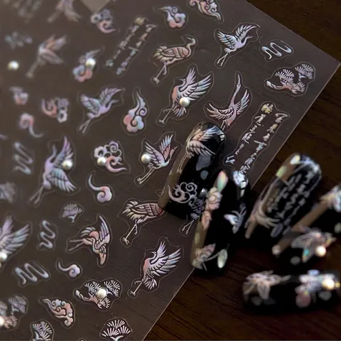 Holographic Nail Art Stickers 3D Relief Crystal Diamond Butterfly Flower Crane Chinese Style DIY Manicure Decoration