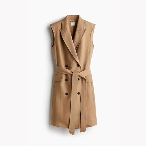 Dames Mouwloze Blazer Jurk Double Breasted Taille Riem Slanke Pasvorm Polyester Linnen Mix Elegant Kantoor Midi
