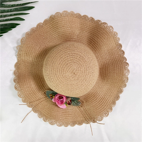 Women Girls Wide Brim Straw Hat Floral Decor Wave Edge Sun Protection Foldable Beach Summer Cap