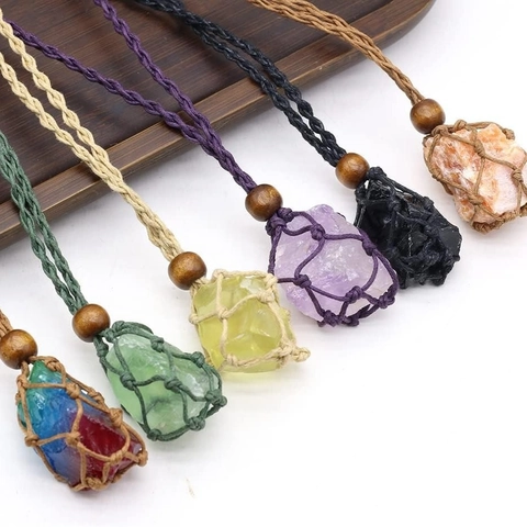 Collar De Piedra Natural Cristal En Bruto Colgante Tejido A Mano Macramé Red Cuerda Ajustable Cuentas De Madera Estilo Bohemio