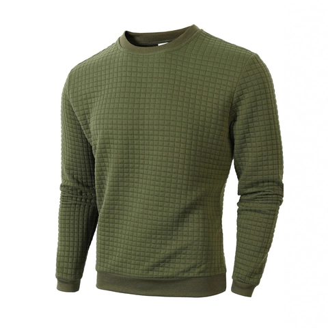 Men Waffle Knit Crewneck Sweatshirt Polyester Quilted Grid Long Sleeve Top Casual Slim Fit European Style Base Layer Pullover