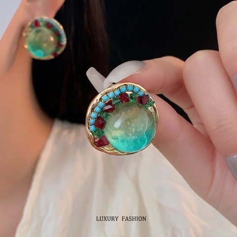 Pendientes De Botón Redondos Vintage Aleación Cristal Colorido Con Poste De Plata Estilo Bohemio Para Mujer