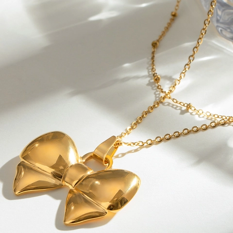 Bow Pendant Necklace 18K Gold Plated Stainless Steel Layered Satellite Chain Minimalist Elegant Jewelry For Women