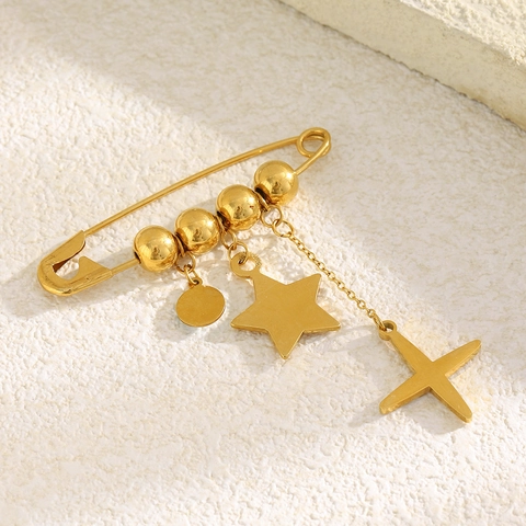 Sicherheitsnadel Brosche Edelstahl 18K Vergoldet Böser Blick Stern Kreuz Anhänger Damen Schmuck Böhmisch