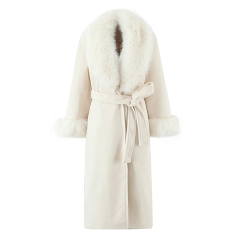 Women Long Woolen Coat With Faux Fur Collar And Cuffs Slim Waist Belted Elegant Warm Winter Overcoat