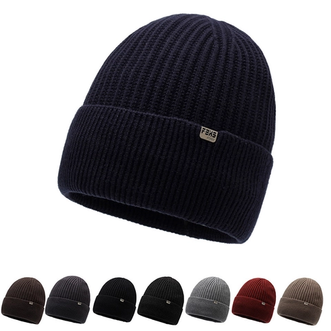 Men Winter Beanie Hat Fleece Lined Warm Thickened Ribbed Knit Skull Cap With Metal Label For Outdoor Skiing