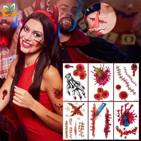 Tatuajes Temporales Halloween Pegatinas Cicatrices Horror Heridas Sangrientas Impermeable Maquillaje Efectos Especiales Calcomanías
