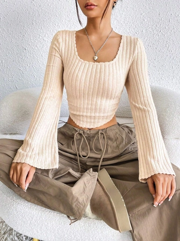 Women Ribbed Knit T-Shirt Square Neck Long Sleeve Crop Top Slim Fit Elegant Casual Solid Color