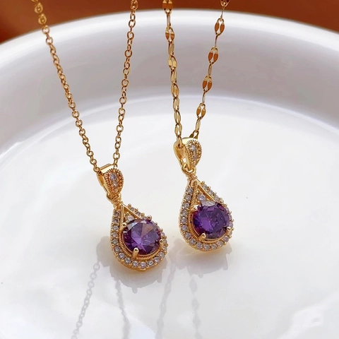 Alloy Amethyst Color Rhinestone Teardrop Pendant Necklace For Women Elegant Gold Plated Water Drop Clavicle Chain Jewelry Gift
