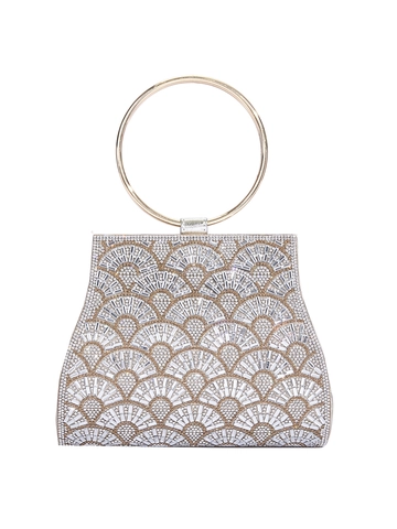 Elegant Rhinestone Evening Bag PU Leather Fan Pattern Sparkly Handbag With Round Metal Handle And Chain Strap For Women Party