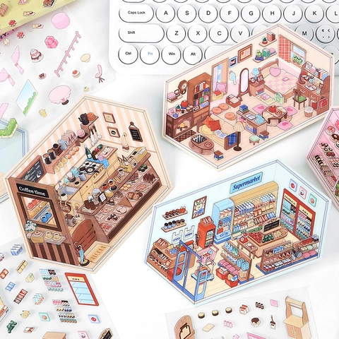 Miniature Scene DIY Stickers PET Paper Isometric Perspective Decoration For Scrapbooking Journaling Room Cafe Themes
