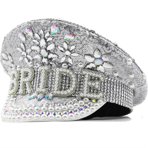 Silver Sequin Captain Hat Rhinestone Faux Artificial Pearl Military Performance Party Wedding Headwear For Women