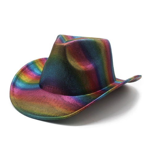Chapeau De Cow-Boy Arc-En-Ciel Métallique Western Holographique Large Bord Accessoire De Costume Pour Carnaval Fête