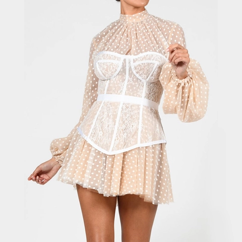 Robe Mini À Col Montant Manches Lanternes Dentelle Corset Polka Dot Mesh Patchwork Sexy Élégant Fête Bodycon Femmes