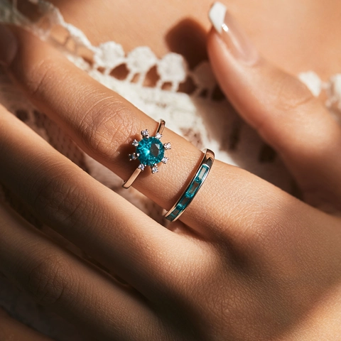 925 Sterling Silber Sonnenblumen Ring Und Stapelbarer Band Für Damen Paraiba Blau Kristall Sternform Schmuck