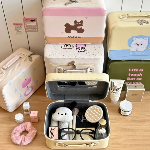Trousse De Maquillage Mignonne À Imprimé Animal En Cuir PU Grande Capacité Sac Cosmétique Avec Miroir Organisateur De Voyage Portable
