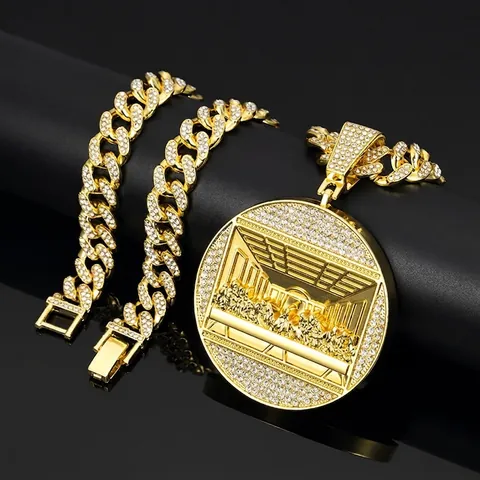 Hip Hop Ketting Zinklegering Strass Het Laatste Avondmaal Ronde Reliëfhanger Iced Out Cubaanse Schakelketting Sieraden Voor Heren Dames