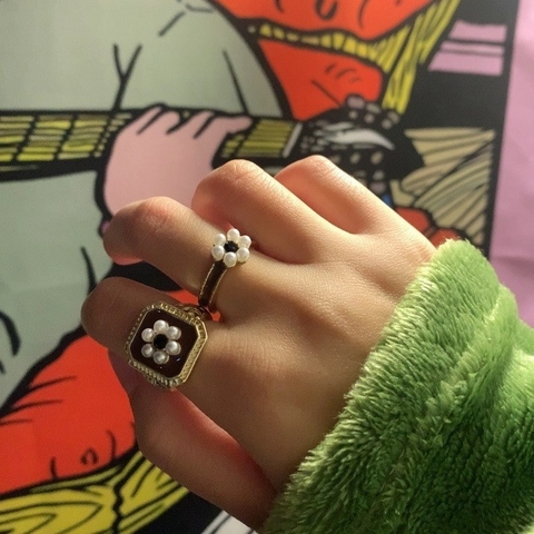 Vintage Messing Vergoldet Rot Emaille Blume Offener Ring Für Damen Eleganter Künstliche Perle Schwarzer Zirkonia Verstellbarer Fingerring Schmuck